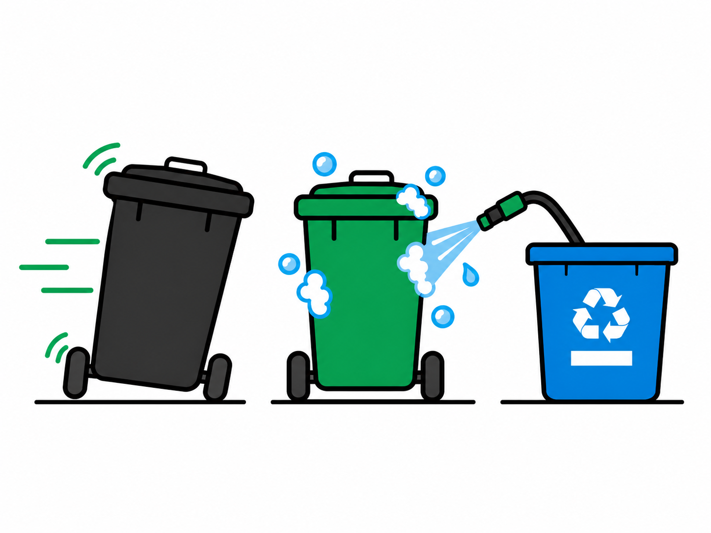A garbage cart being rolled out, a green cart being washed with a hose, and one recycling bin