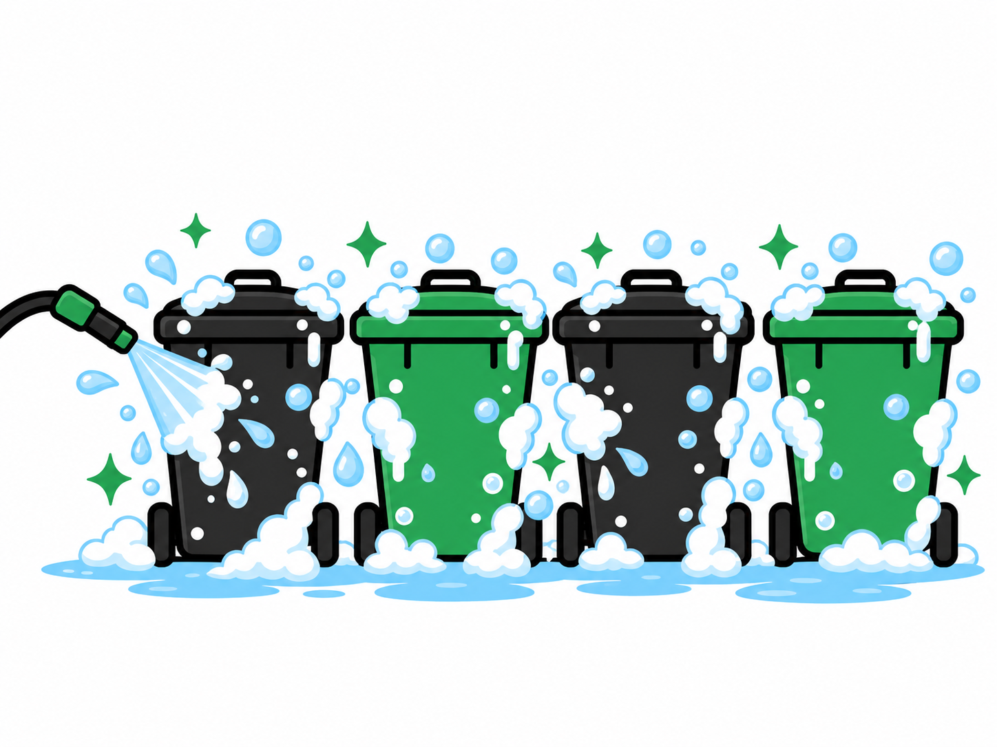 Four carts being washed with a hose