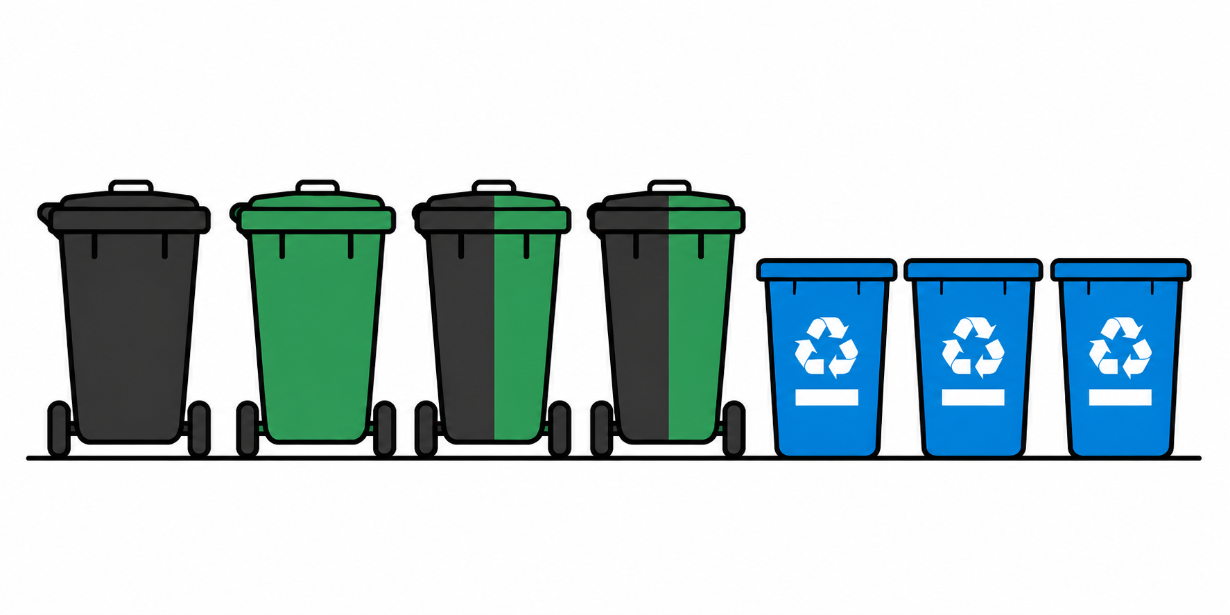 Four carts and three recycling bins