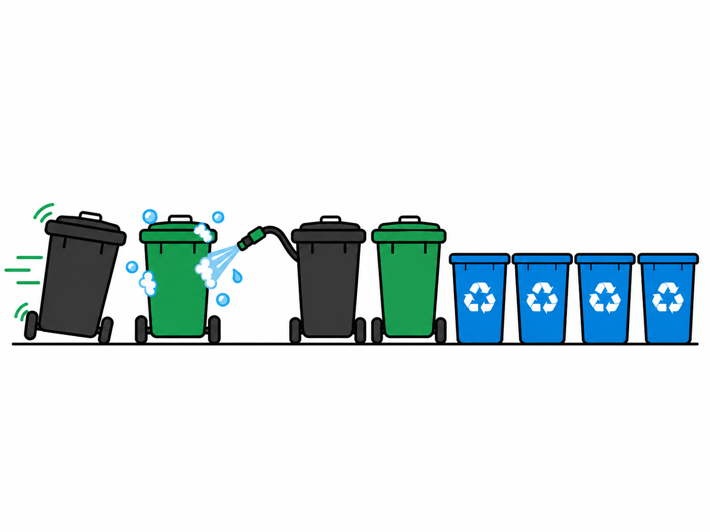 Four carts, one being rolled out and one being washed, beside four recycling bins