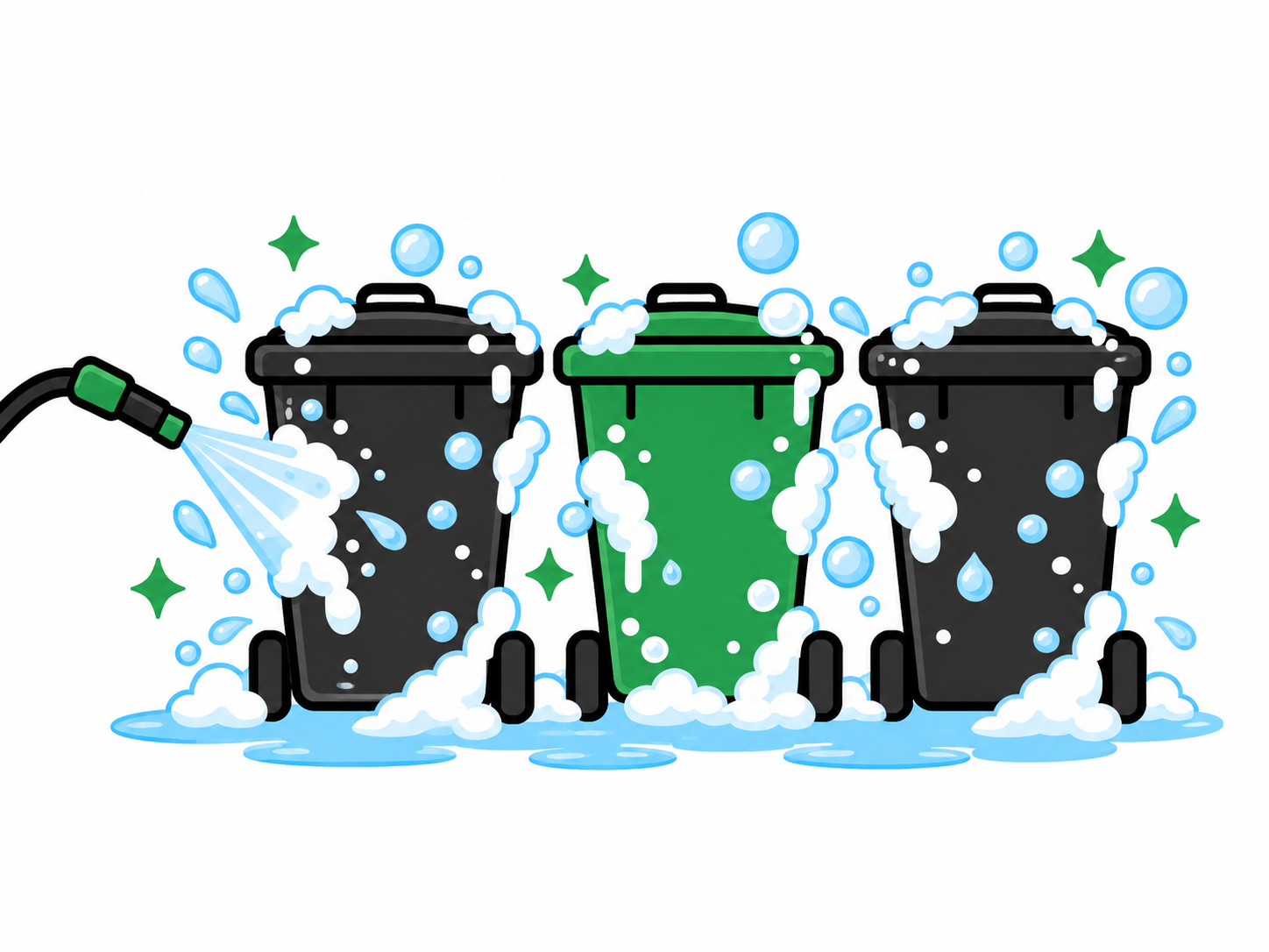 Three carts being washed with a hose