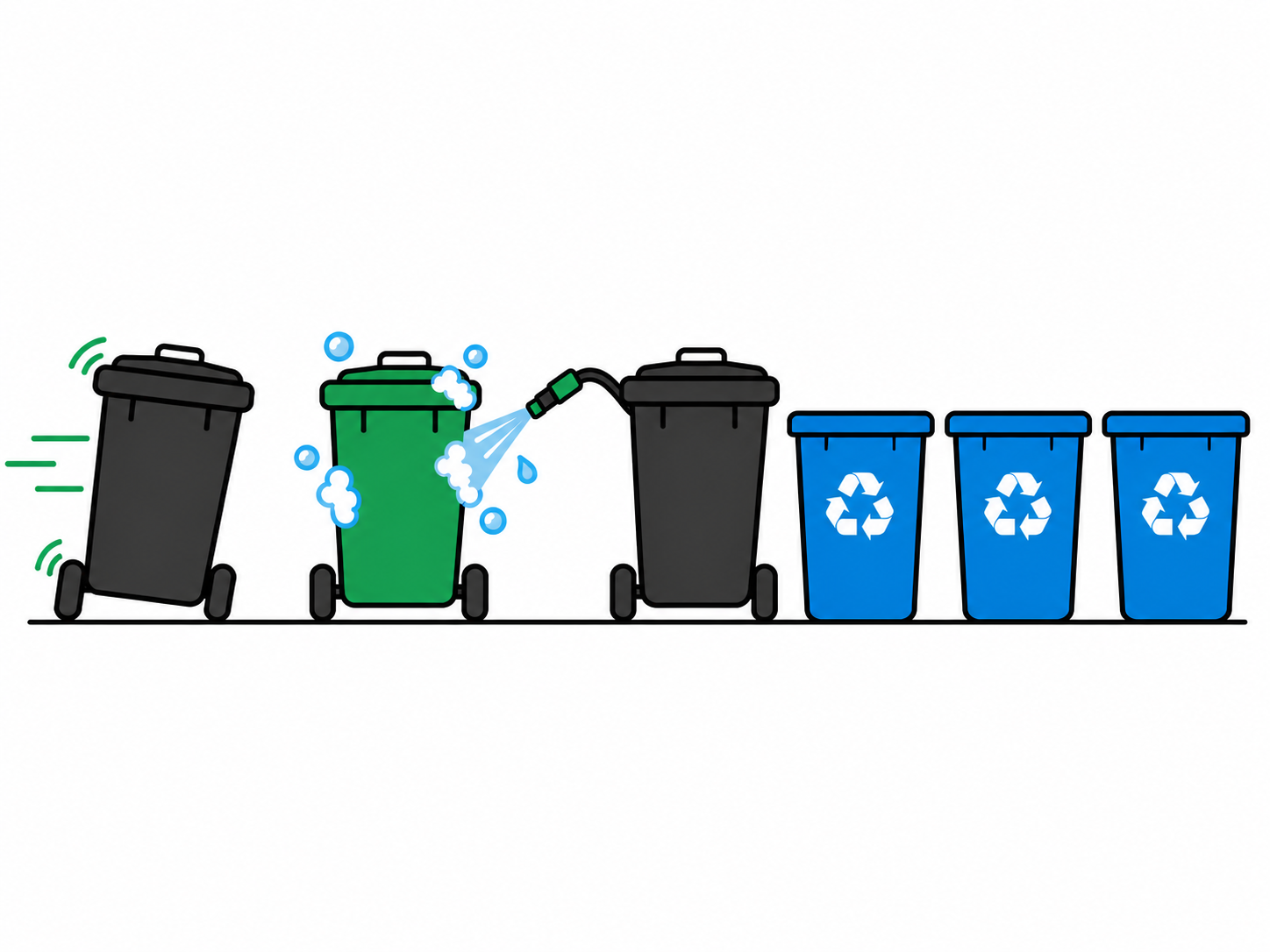 Three carts, one being rolled out and one being washed, beside three recycling bins